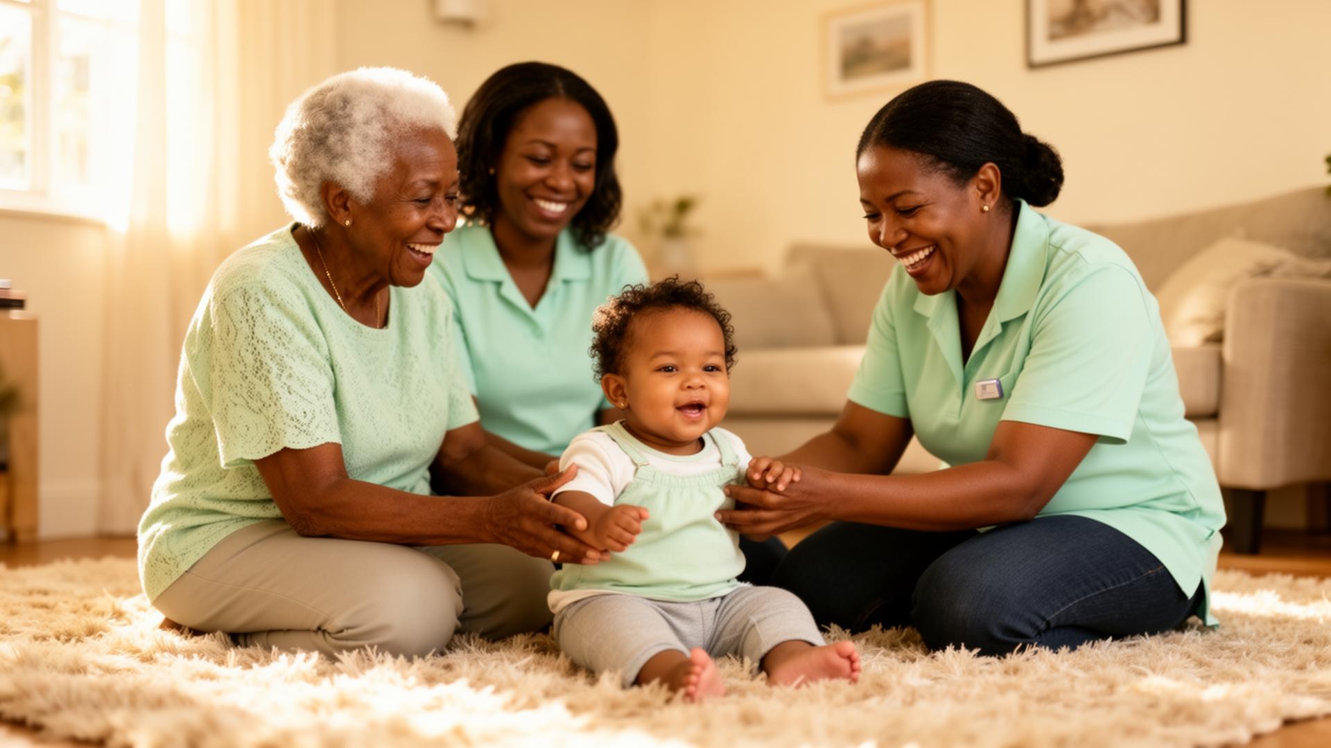 A grandmother, mother and caregiver playing with a smiling toddler