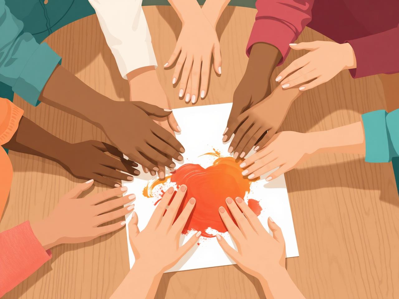 Many hands joined together over a child's painting